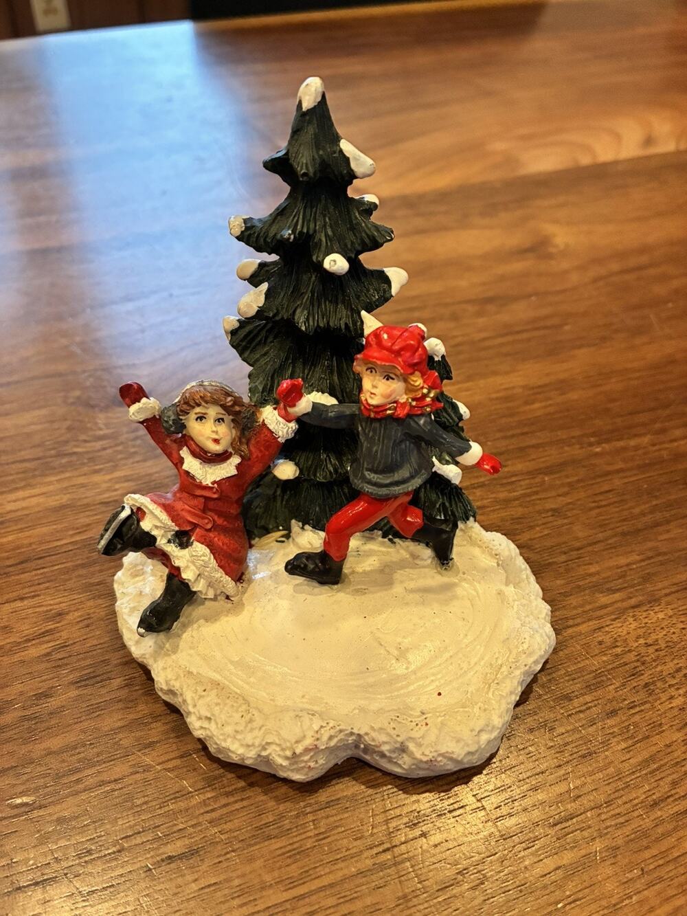 Mervyn's Christmas Village Square Snow Kids Ice Skating Flocked Tree Figurine